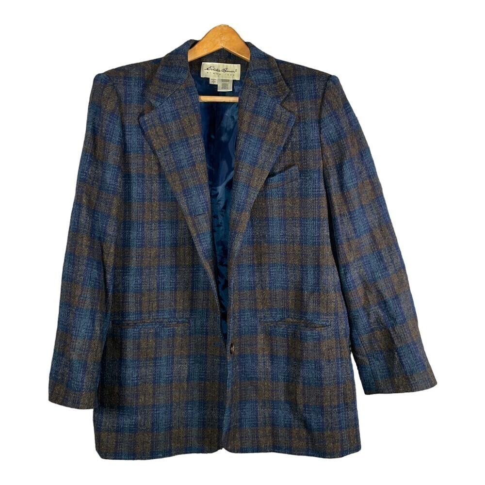 VINTAGE Eddie Bauer Women's Blazer Jacket 100% Wool Blue Plaid Size Medium